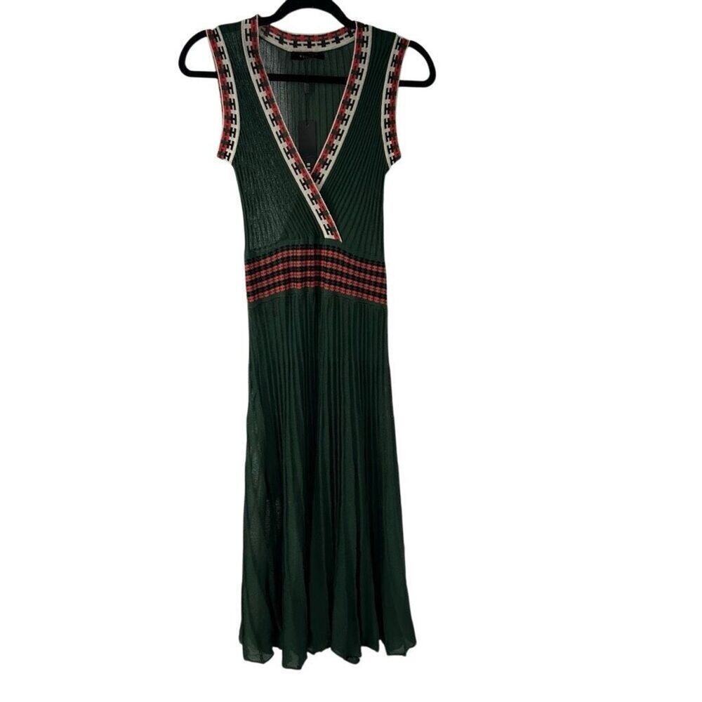 Beulah Style Green Knit Crinkle V‎ Neck Sleeveless Dress Sage M NWT